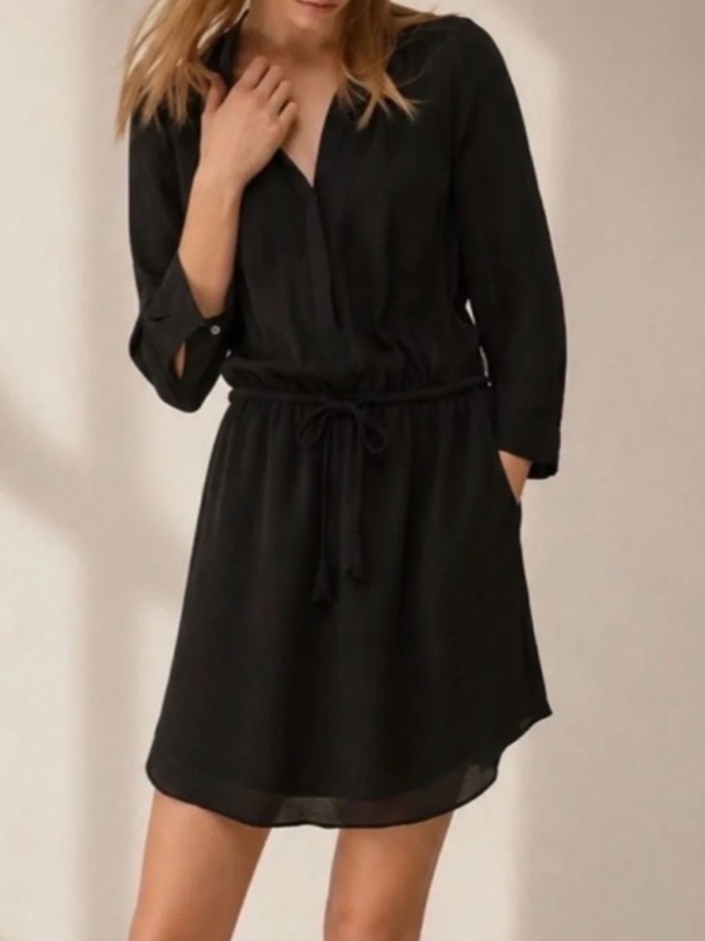 Aritzia T. Babaton Black Tie-Waist Shirt Mini Dress 100% Silk